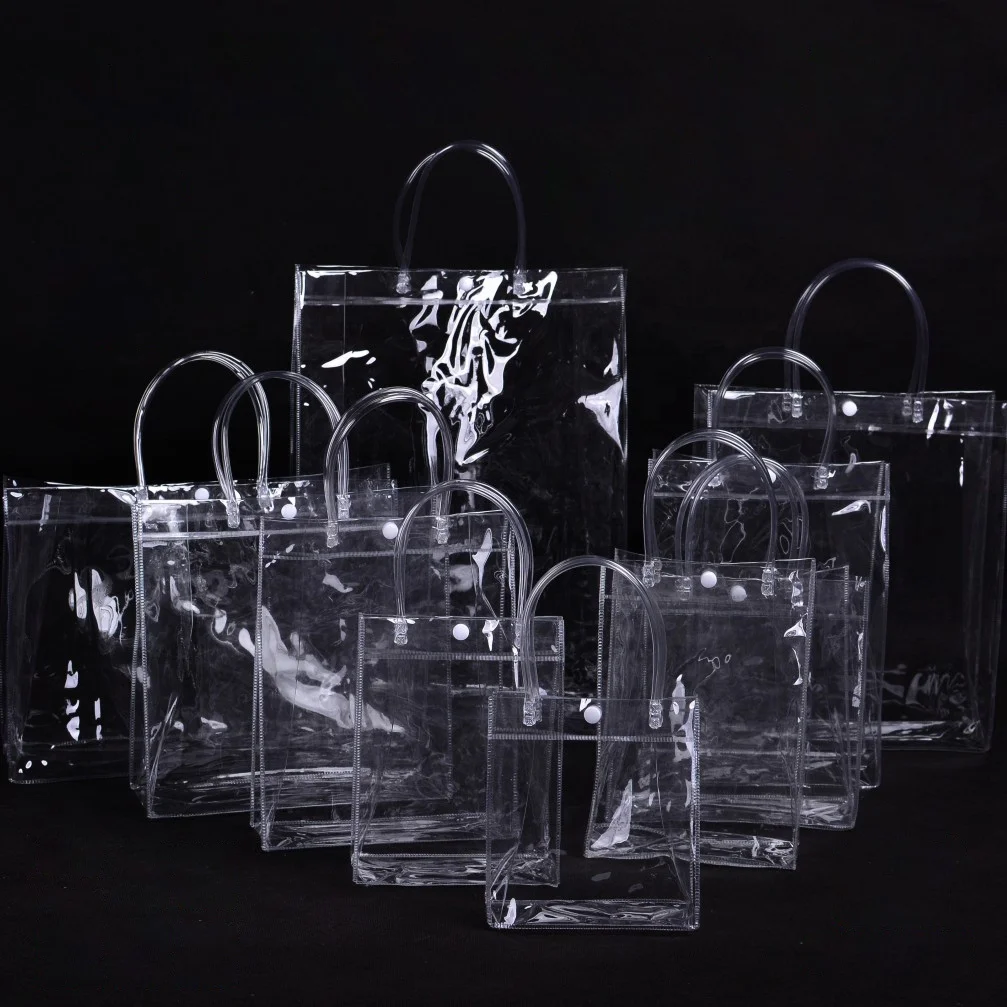 

Low MOQ stock 2021 clear transparent pvc shopping bags packing bag for gift and promotional with handle and button