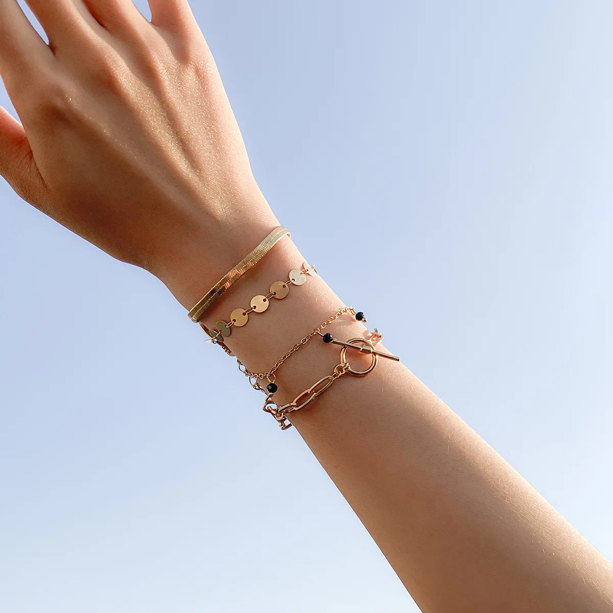 

2021 Simple Style Gold Link Thick Chain Bracelet OT Bucket Bangle Sneak Bone Beaded Bracelet Set