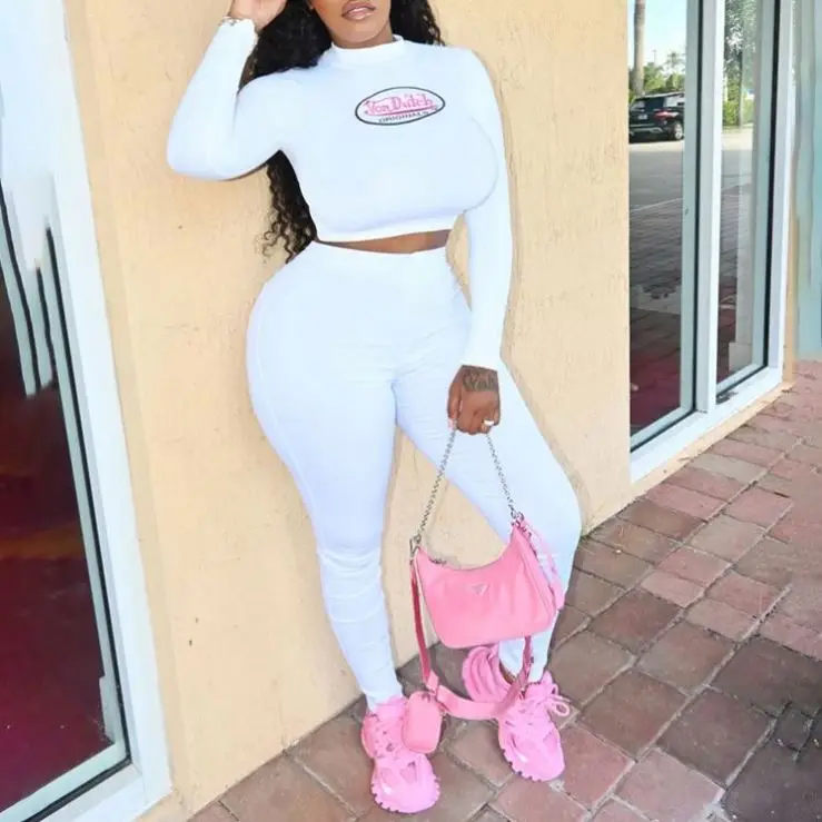 

Neck Printed Long Sleeve White Two Piece Pants Set Women Outfits