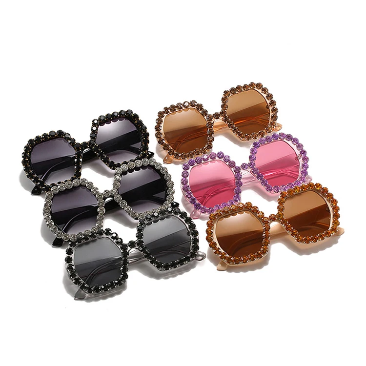 

2020 newest design oversized square frame colourful lens shades sunglasses for women Luxury rhinestone sunglasses