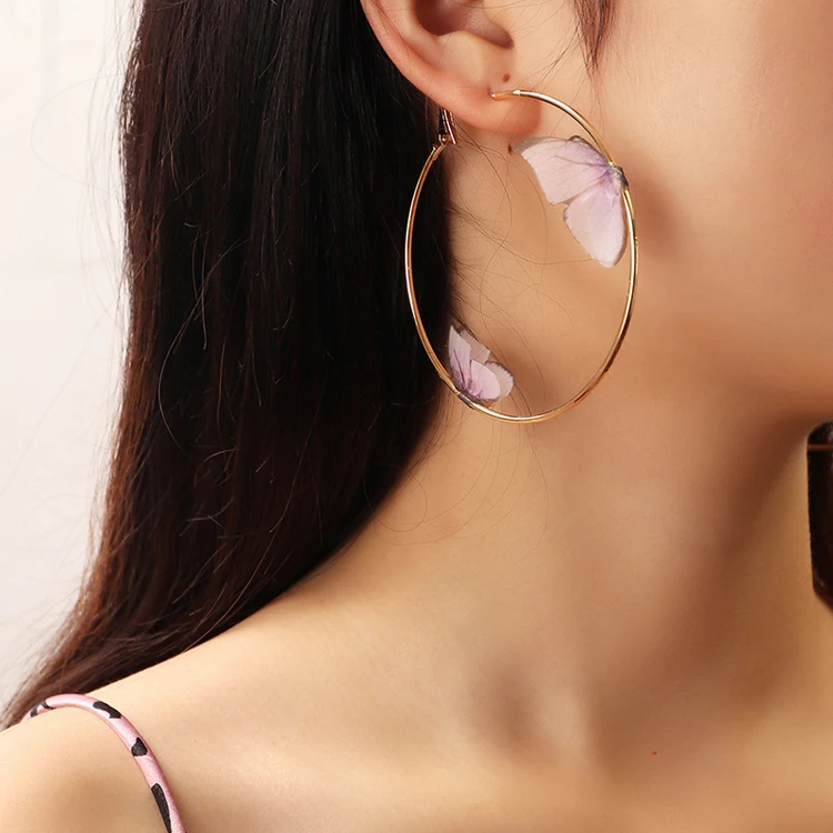 

Beach Summer 3D Tulle Double Butterfly Earrings 2021 New Big Circle Earrings Women's Wholesale