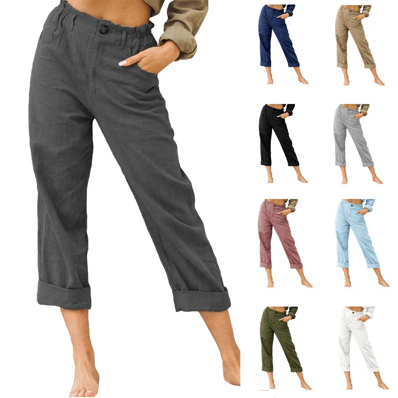 

Ecowalson 2022 New design solid color cotton and linen fashion loose high waist casual trousers women S-3XL