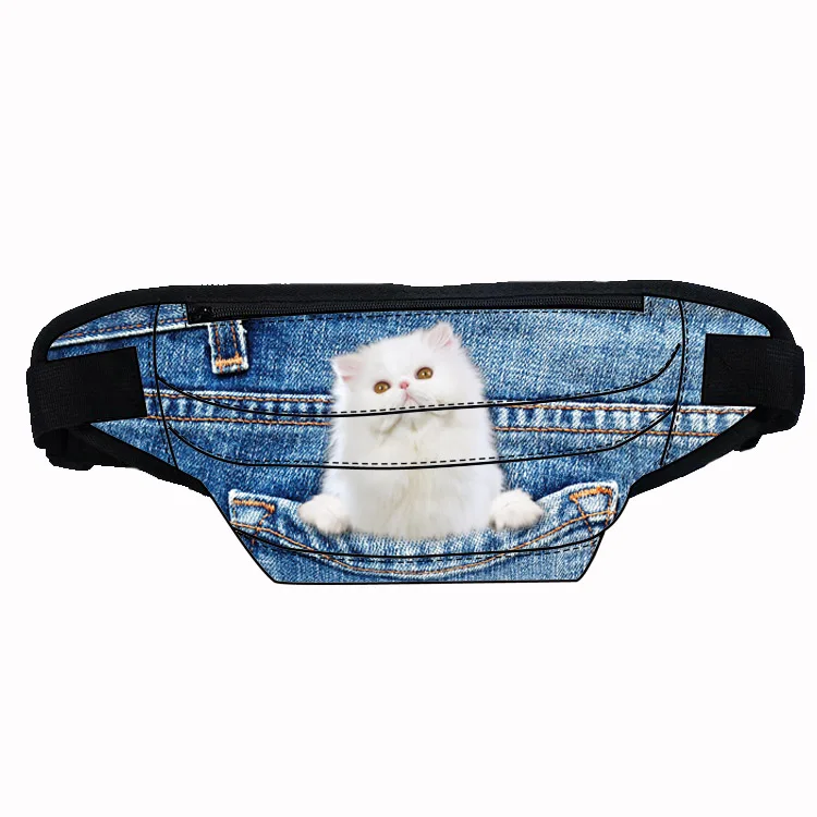 

Lovely cat on jeans pocket design printing custom fanny pack waist bag for sport multi compartment large capacity, Customized