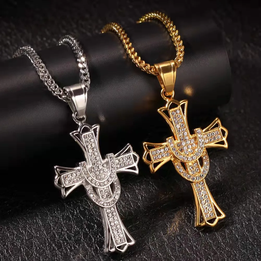 

Bling Rhinestone Golden Silver Finish 18K Gold Plating Cross Crystal Stainless Steel Pendent