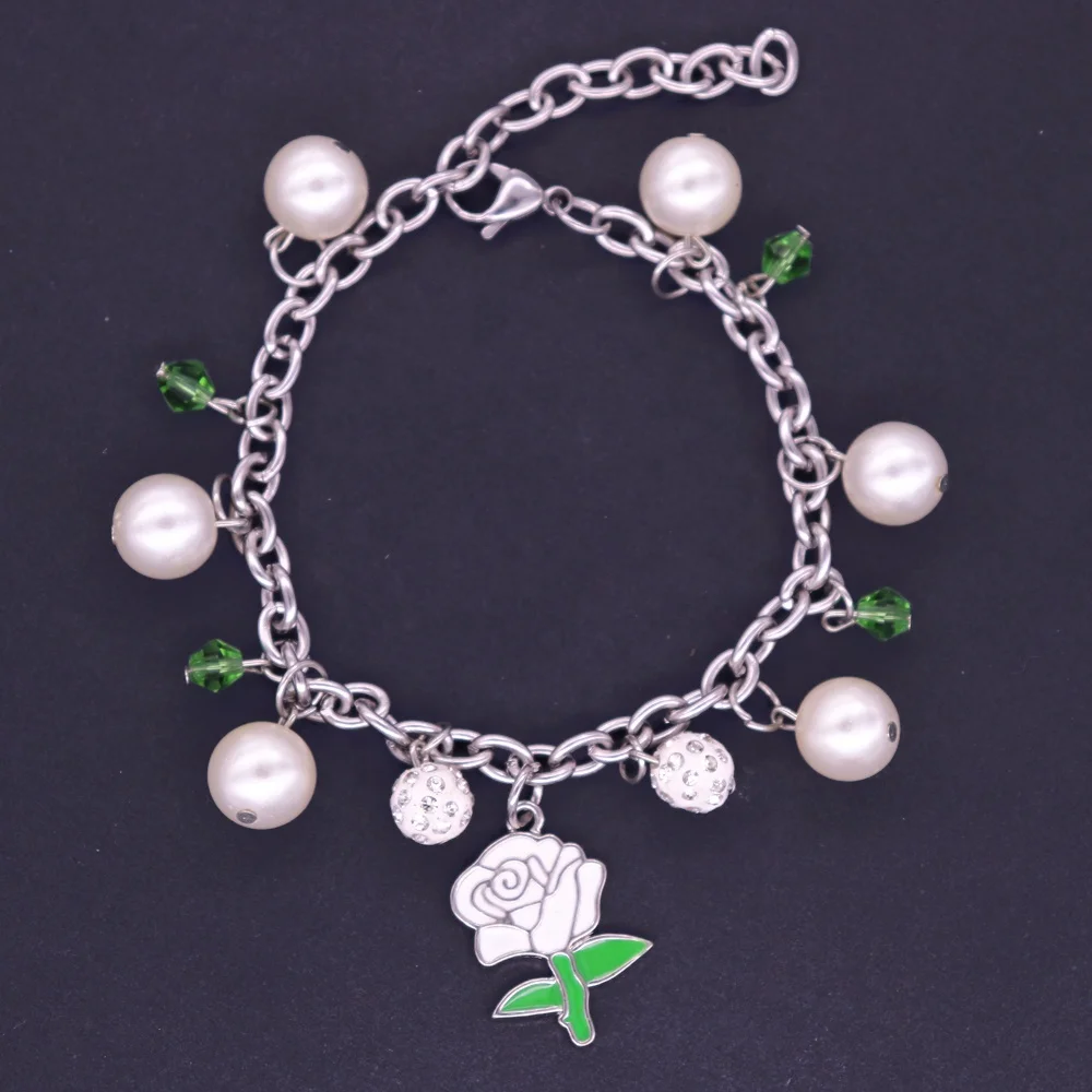 

New Arrival Metal Pearl Ball Crystal Beads White Rose Flower Links Bracelet Bangles Black Sorority Women Incorporated Gift