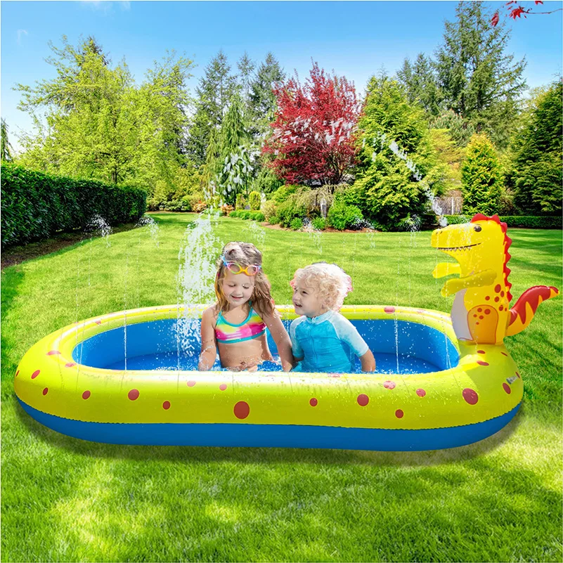 

Inflatable Dinosaur Fountain Outdoor Dolphin Sprinkler Play Mat Children's Water Toys Frog Swimming Pool Shark Pool, Blue, yellow