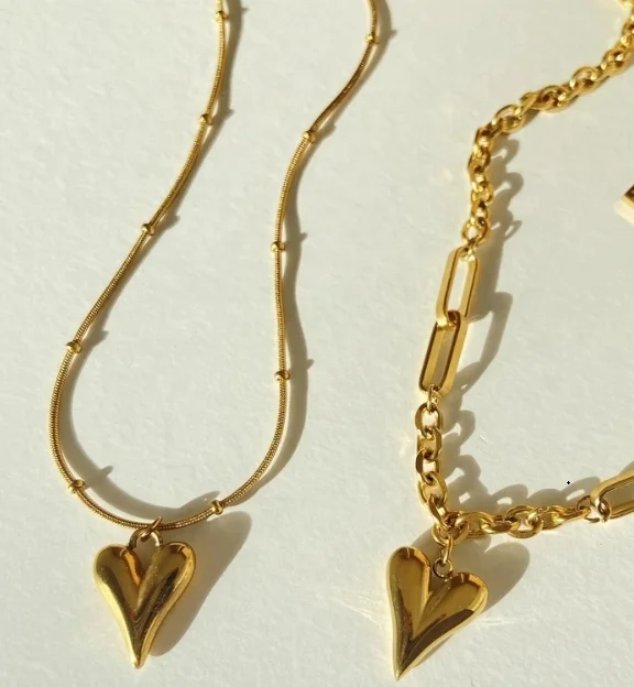 

Double-Layer Stainless Steel Gold Plated Thick Beaded Paper Clip Chain Round Snake Chain Puffed Heart Shape Pendant Necklace, Gold/silver/rose gold