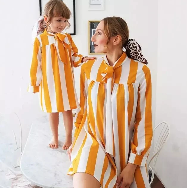 

Yellow color stripe mother and daughter dress parent child outfit dresses mommy and me outfits