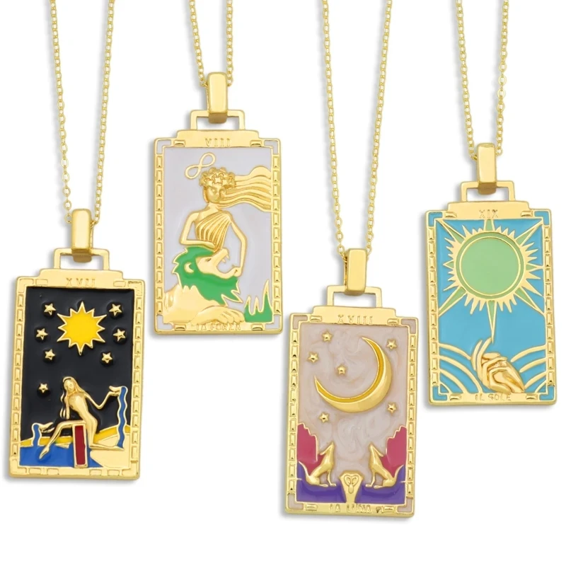 

New Brass Tarot Card Colorful Necklaces For Women Friend World Sun Moon Square Pendant Enamel 18K Gold Necklace