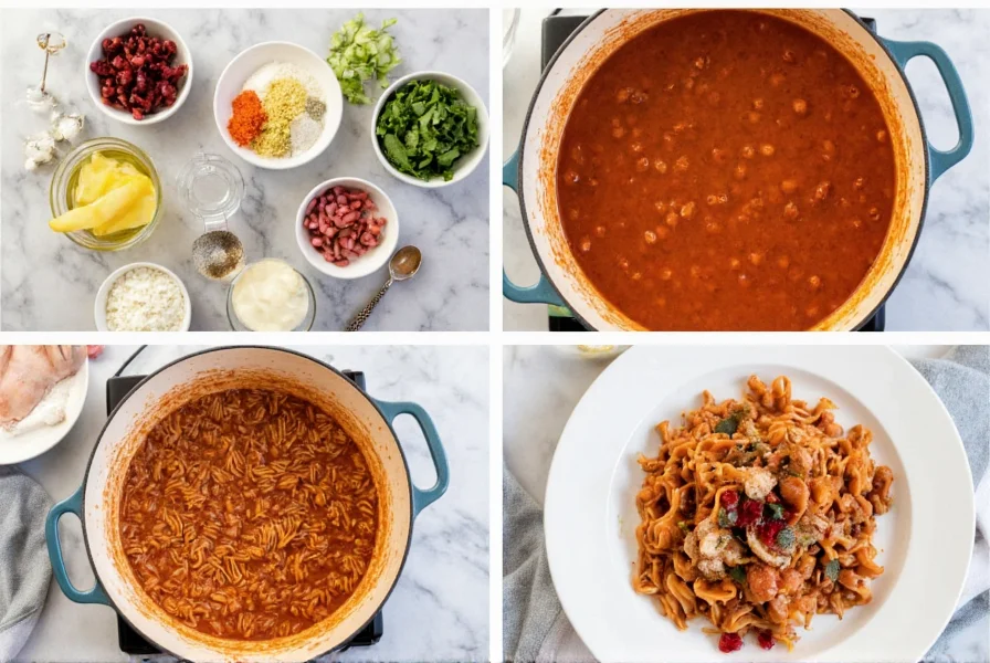 Step-by-step preparation of homemade noodle chili showing ingredients, cooking process, and final plated dish with garnishes