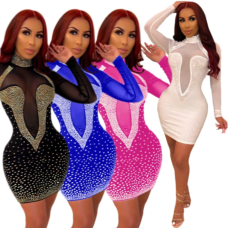 

X5115 women sexy mesh transparent rhinestone bandage bandage dress