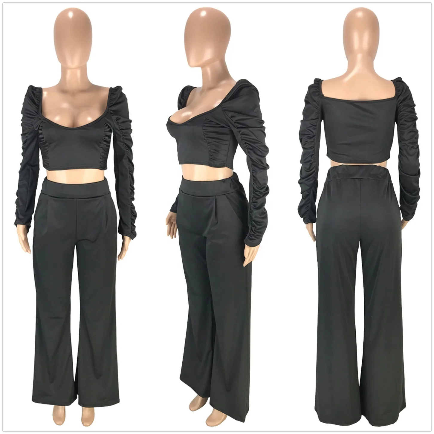 

Manufactured solid color long sleeve patchwork causal sexy Two piece pants set fashion women set with pockets, Black/red/royal blue
