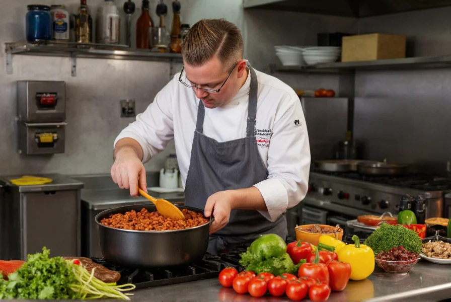 Professional chef stirring a large pot of chili in a stainless steel kitchen with ingredients arranged neatly on the counter