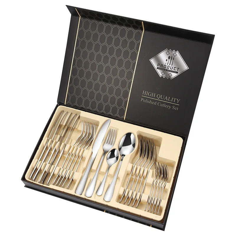 

High quality amazon luxury 1010 mirror polishing stainless steel 24 pcs gold cutlery set silverware with gift box case wholesale