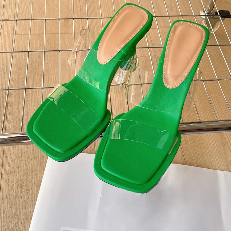 

New Fashion Square Toe PVC Transparent Jelly Women's Slippers Designer Round High Heels Ladies Slide Sandals Shoes