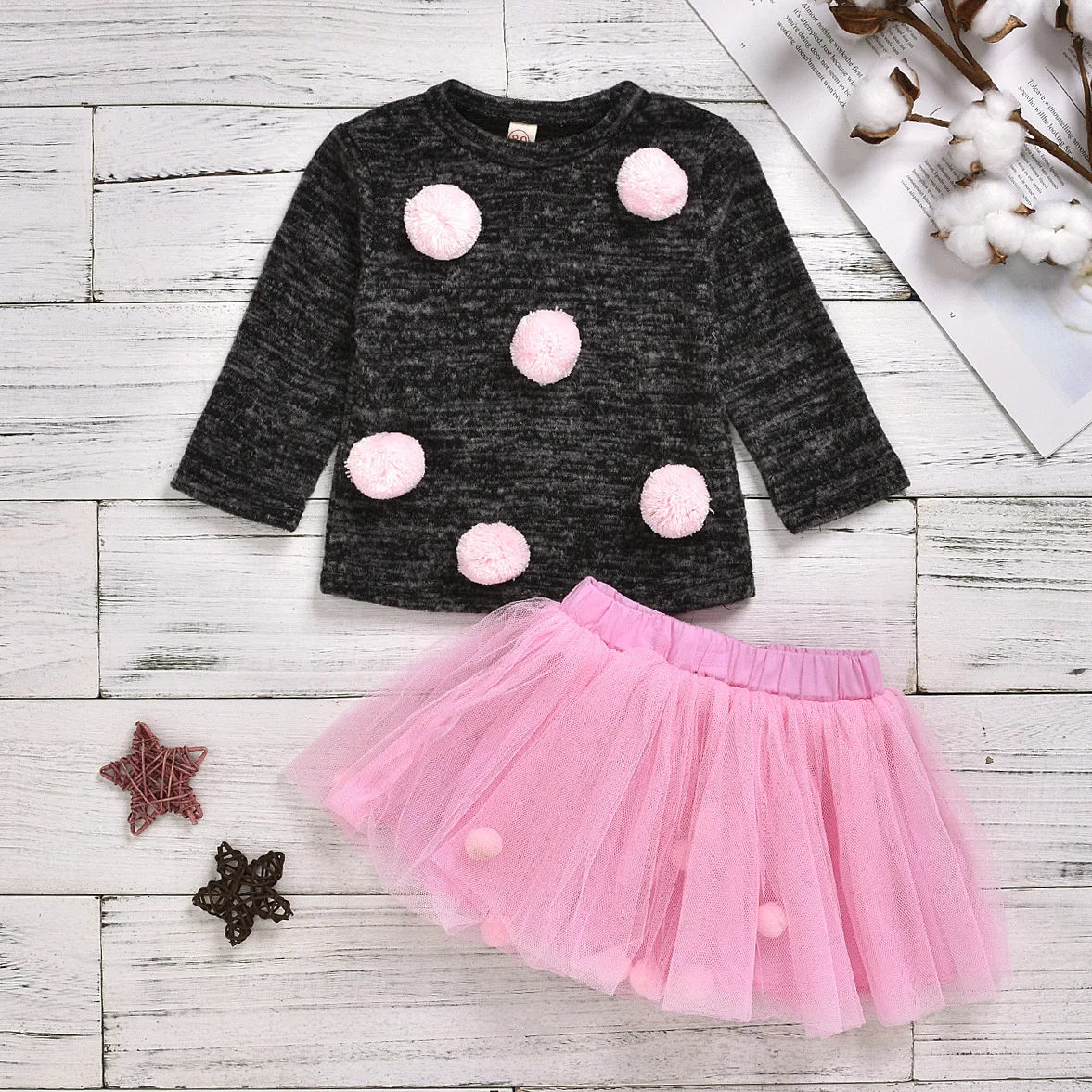 

New Autumn Winter Kids Girl Hair Ball Long Sleeve Top + Tulle Hair Bulb Skirt