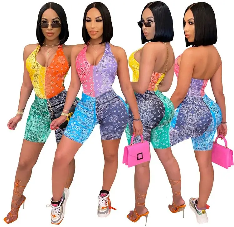 

GE5233-2021 Paisley Printed Halter Patchwork Sexy Rompers Womens Summer Jumpsuit For Woman Street Wear