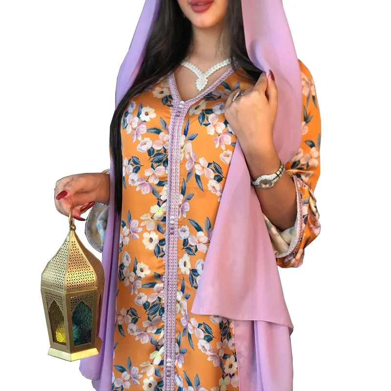 

Chiffon Print Flare Long Sleeve Fitted Dress Muslim Women's Dress, Customized colors