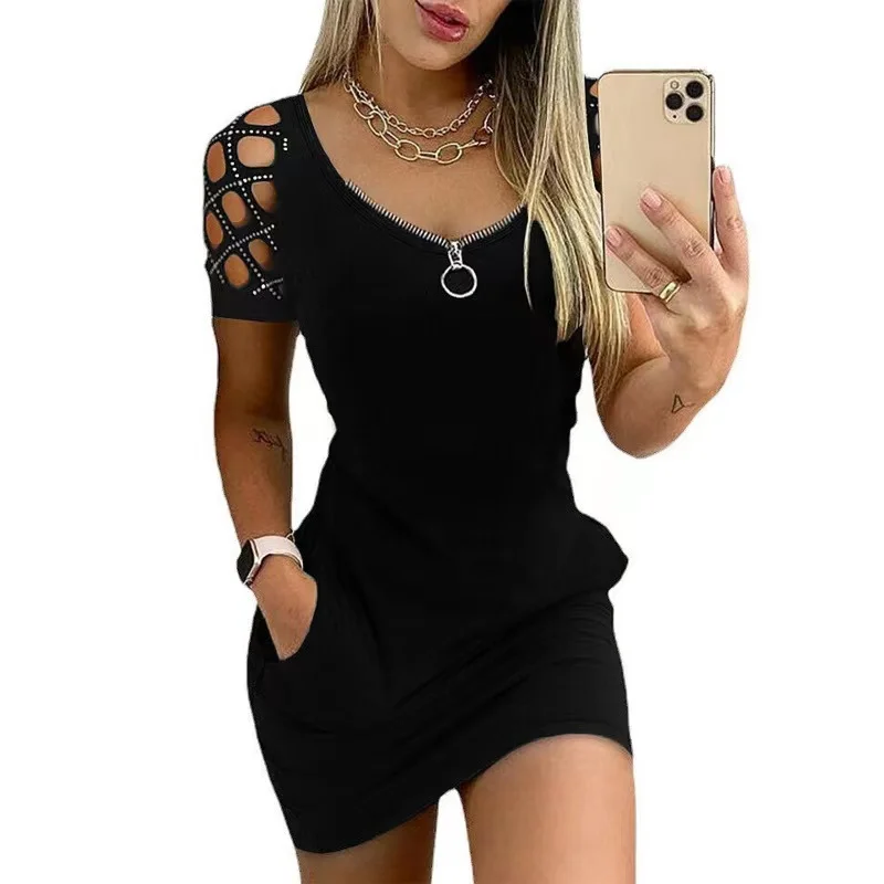 

Ready to ship new arrival dress high quality blouson sngal zip on v- neck womens sexy casual hollow out bodycon mini dress, Multiple color