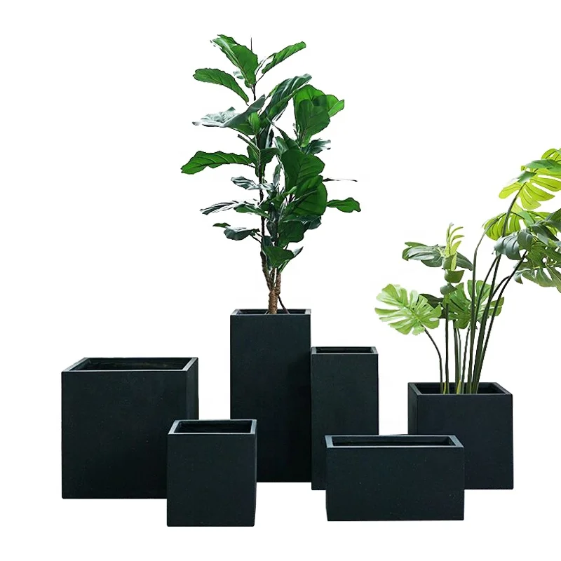 

Hand-brush Square Outdoor Planter Box Large Cement Fiber Glass with Black Flower Pot Contemporary Rectangle 6 Sizes Simply T/T