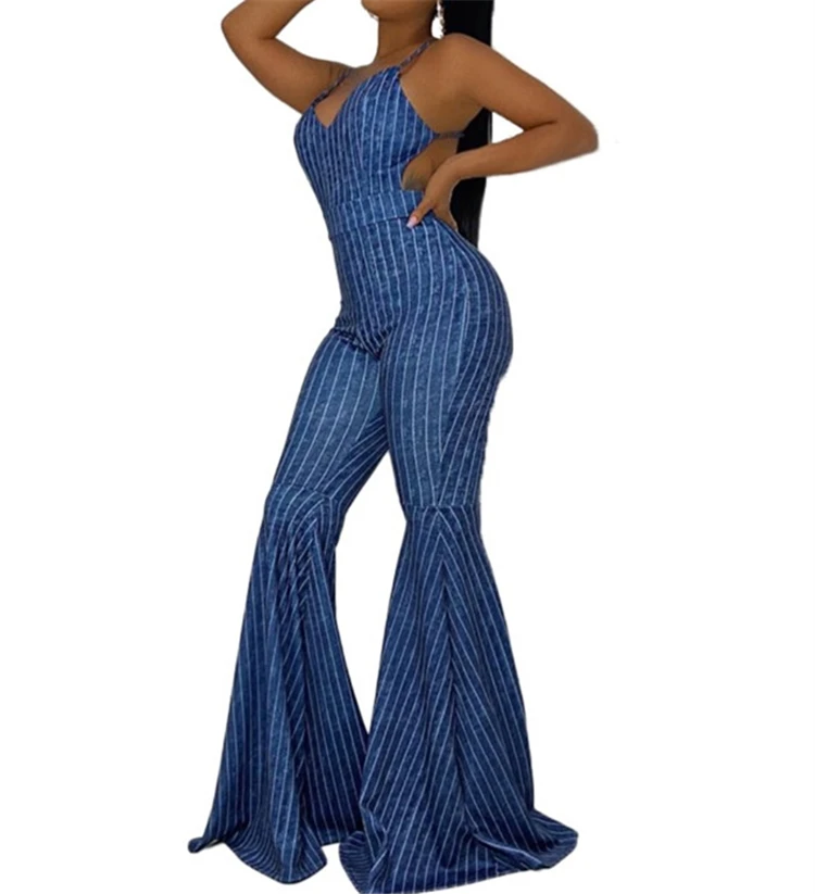 

Wholesale clothing ready to ship formal flare leg denim jumpsuit women