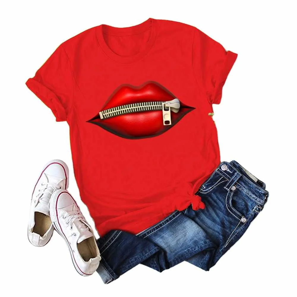

Mzl's Love Women's Short-sleeved Tee Tops Cotton T-shirt Lips Print Plus Size