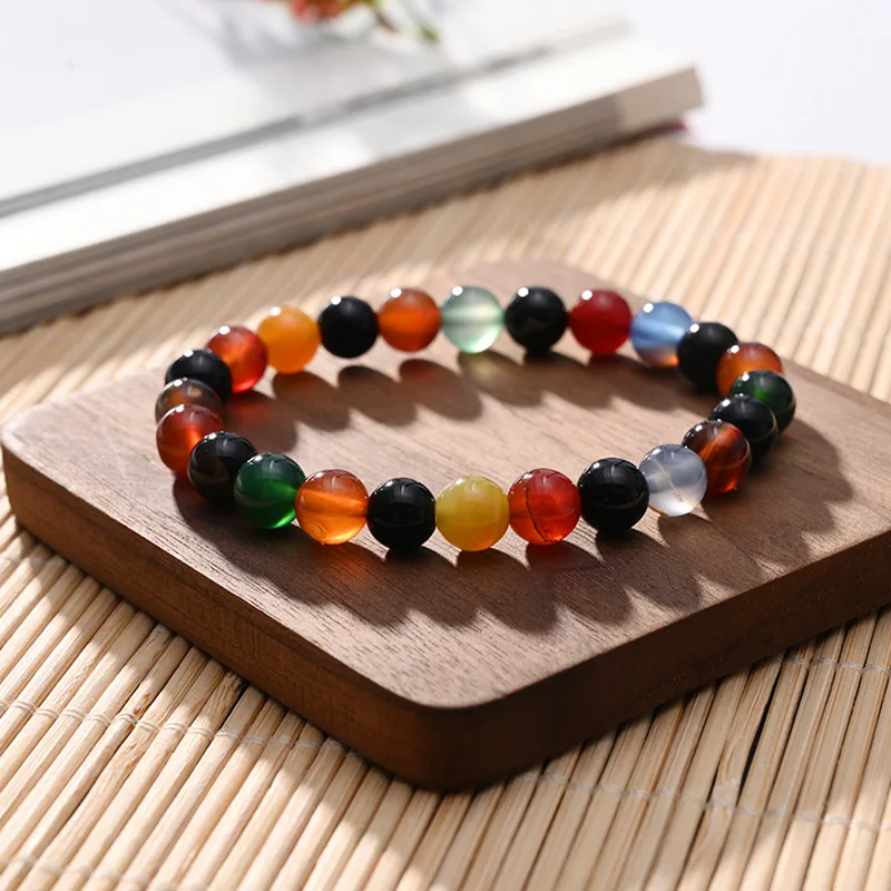 

Newest Design Colorful Natural Agate Beaded Bracelets Rainbow Color Onyx Stretch Bracelets For Women Men