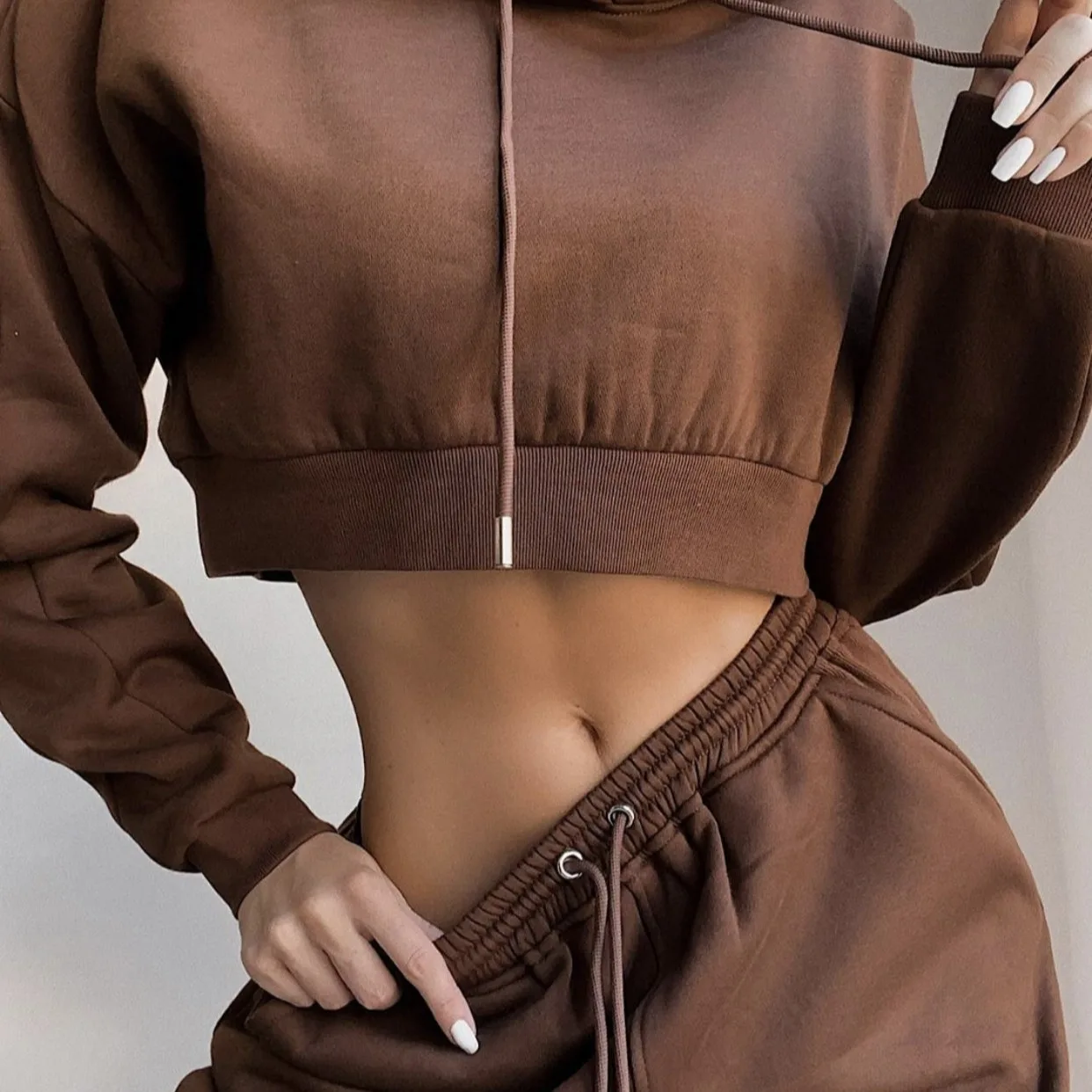 

Fleece Casual Joggers Hooded Sweater 2 Piece Solid Color Straight Long Sleeve Crop Top Sexy Sport Two Piece Pants Set, Shown