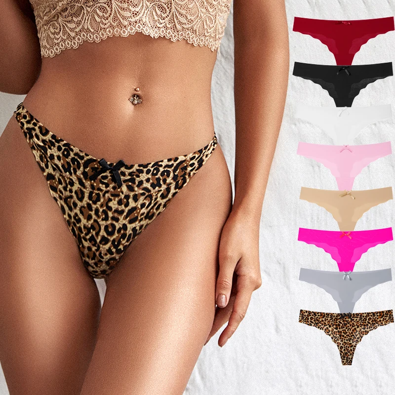 

2022 New fashion bow lady Underwear Seamless mature Women's Low Rise Ice Silk Seamless Girls Sexy Thong Panties for Women, White, black, gray, pink, red, light brown, rose red, yellow leopard