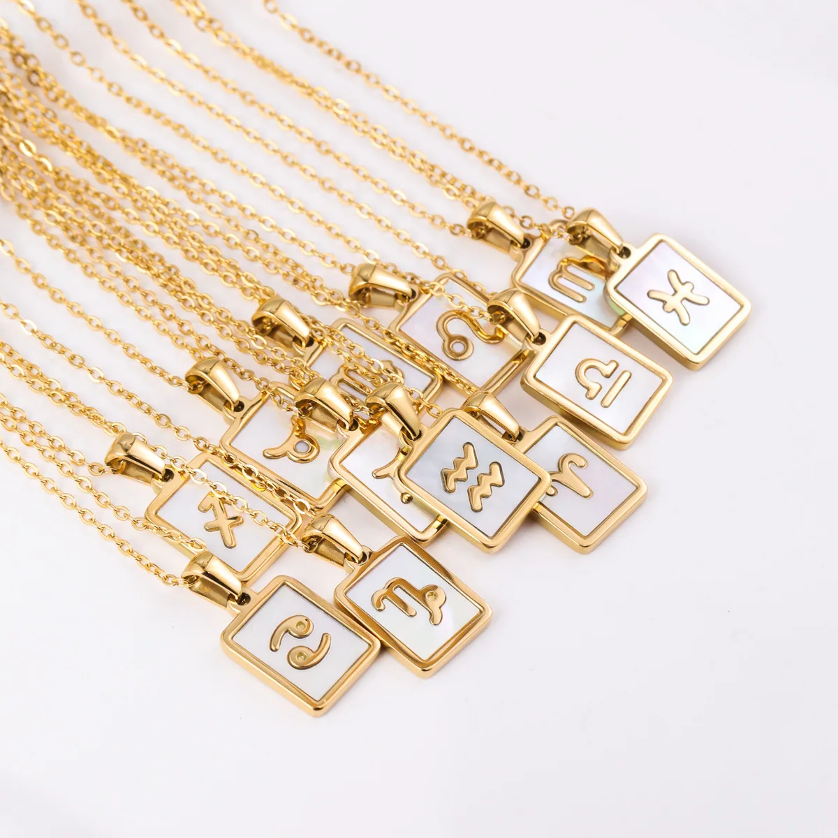 

Wholesale Fashion Jewelry 18K Gold Zodiac Sign Necklace Simple Shell Pendant Square Stainless Steel Zodiac Necklace For Women