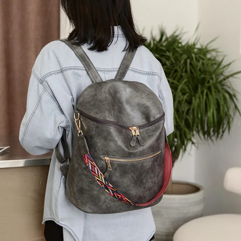 

In Stock Fashion PU Vegan Colors Ladies Bags Women Back Packs Bag Large Capacity Woman Leather Backpacks with Rainbow Strap, Black, gray, brown, blue, cream, olive, pink