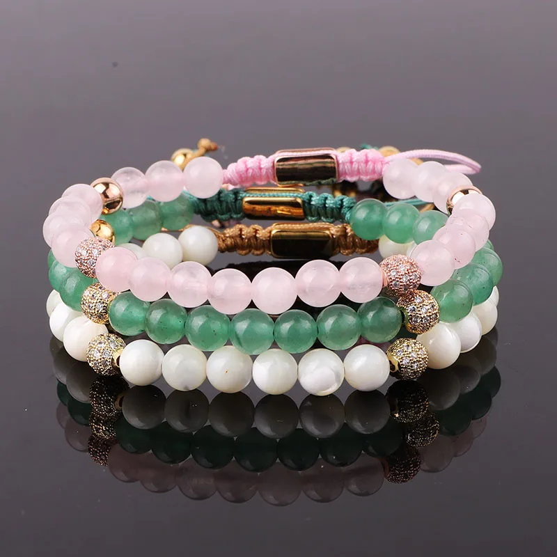 

High Quality New Fashion Gemstone Natural Amethyst Rose Quartz Shell Stone Custom Logo Beaded Macrame Bracelet Female