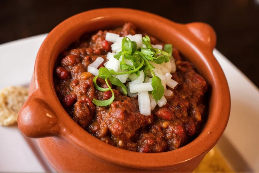 Finished Bishop's Chili served in traditional pottery bowl with garnishes of chopped onions and fresh cilantro