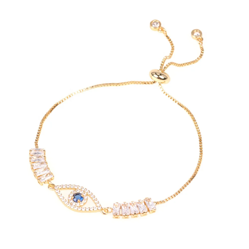 

Exquisite wholesale micro inlaid zirconia stone gold plated palm and blue eye adjustable bracelet jewelry