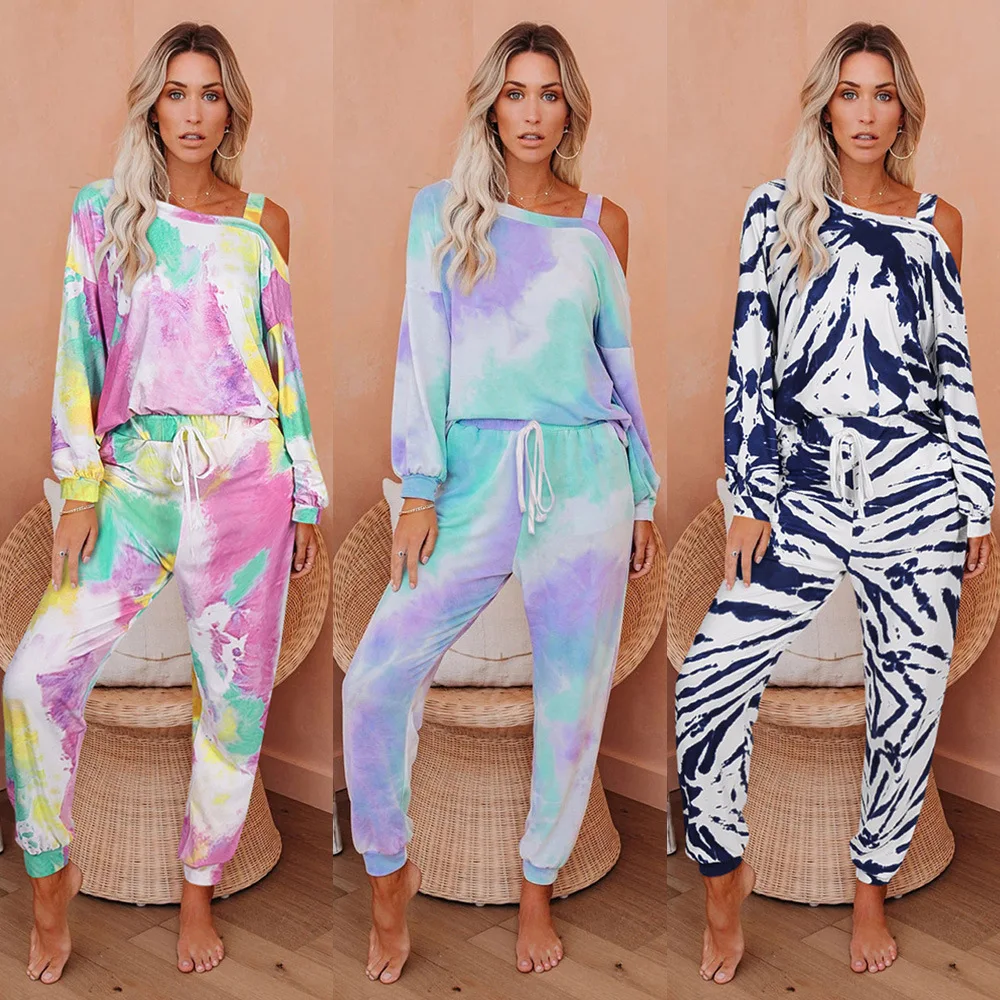 

2021 loose women's two piece set tie dye printed long sleeve trousers women's 2 piece pants set
