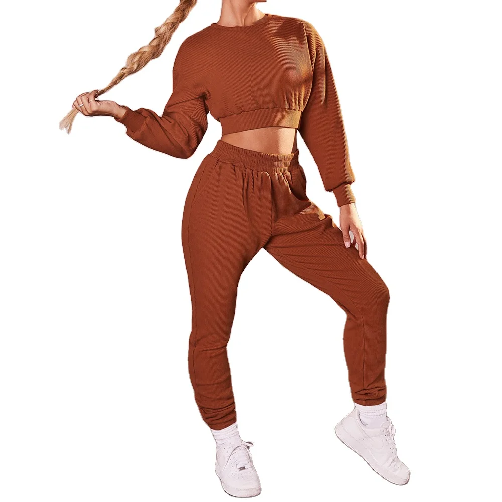 

Running Sportswear Two-Piece Suit Fitness Long-Sleeved Tops Yoga Clothes Solid Color Casual Sweater Suit Women XQM