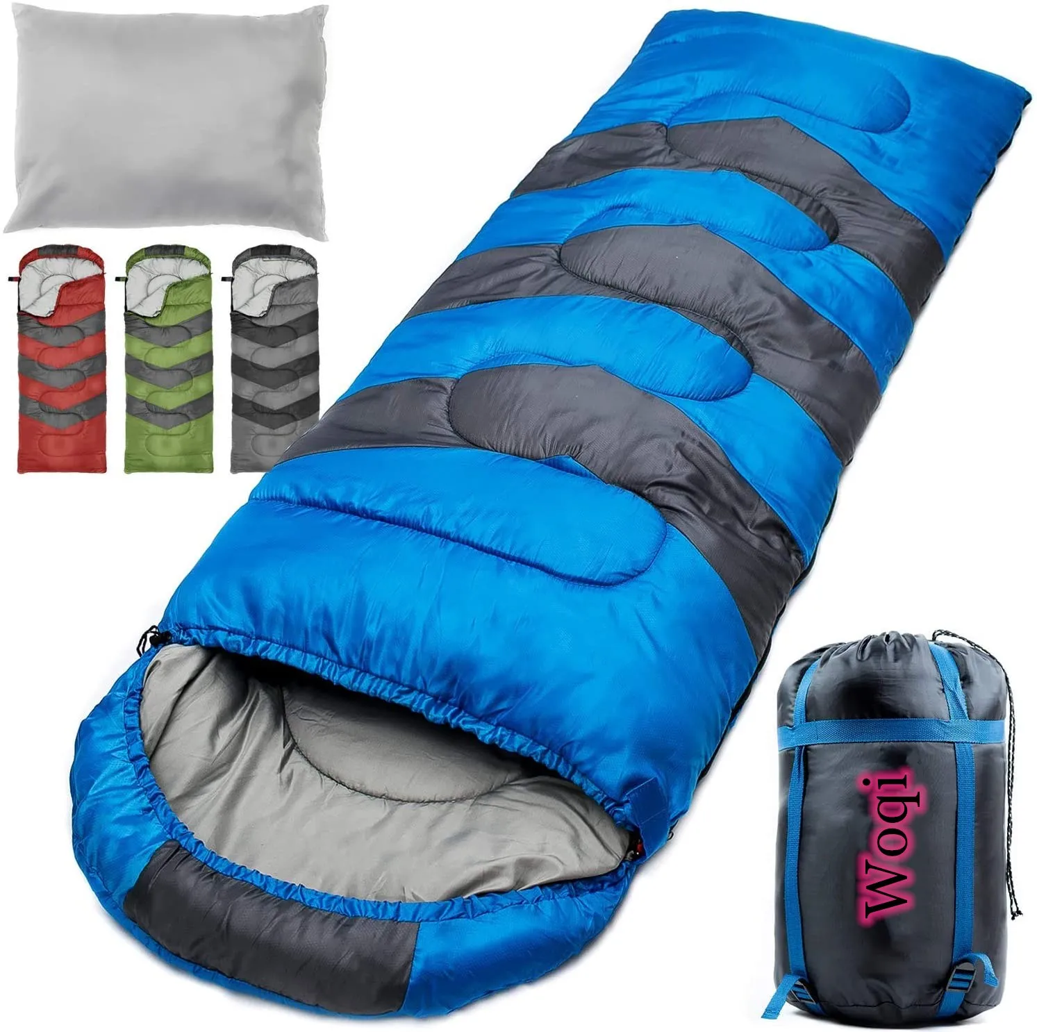 

Woqi 2021 Travel hot sell 4 Season Sleeping Bag warm camping sleeping bag with compression sack, Dark blue,gray,black,yellow....