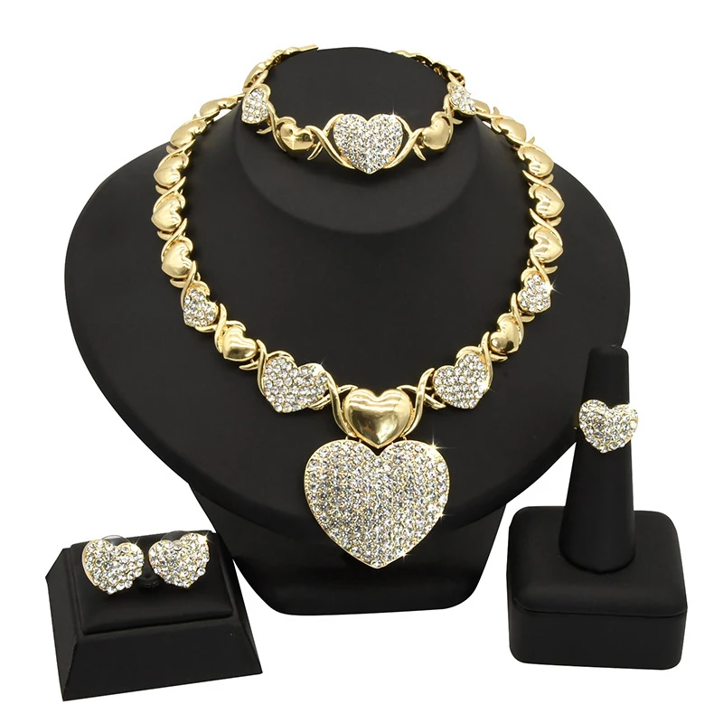 

New Dubai Middle Eastern Bridal Necklace Ring Earring Bracelet Four Piece Set 18K Gold Heart Jewelry Set, Gold color