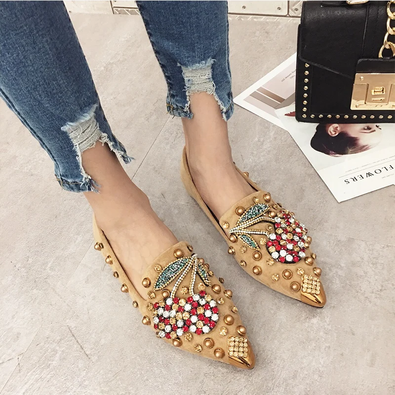 

Woman Flats Shoes Rhinestone Cherry 2021 Spring New Female Metal Pointed Toe Casual Shoes Comfortable Flats Loafers Shoes, Picture shows