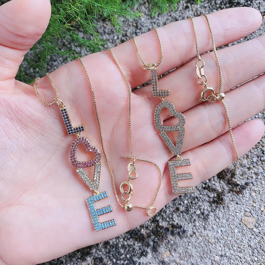 

LS-A2830 unique fashion designs cz micro pave pendant necklace,letter love charm colorful chain necklace jewelry, As is