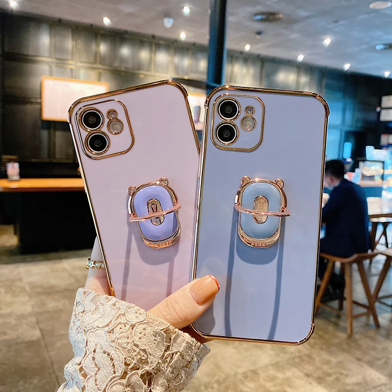 

Colorful Cute Bear Ring Holder Phone Case Gold Plating Phone Cover for iPhone 12