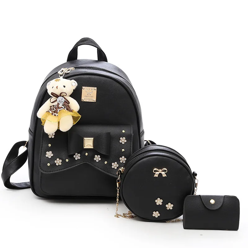 

Bowknot Backpack Large Capacity Multifunctional Three-piece Leisure Travel Women PU Leather Backpack, As picture