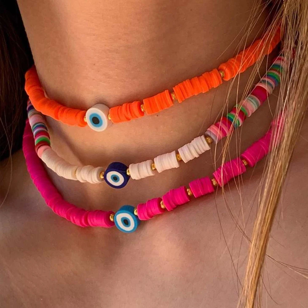 

Bohemian Jewelry Trendy Handmade Colorful Polymer Clay Beads Choker Evil Eyes Necklaces For Women Girls Holiday Gifts, Gold color