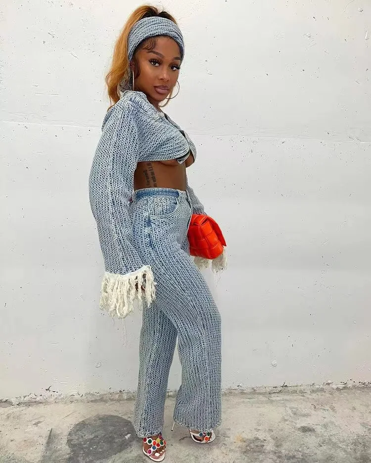 

New Treending Now Women Denim Jean Solid Crop Top Womens Clothing Two Piece Pants Set Women