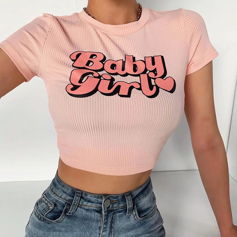 

2021 New Arrival Ladies Cotton Crop-tops Baby Girl Printed Round Neck Short Sleeve Women T-shirt Navel Summer Knitted Shirt