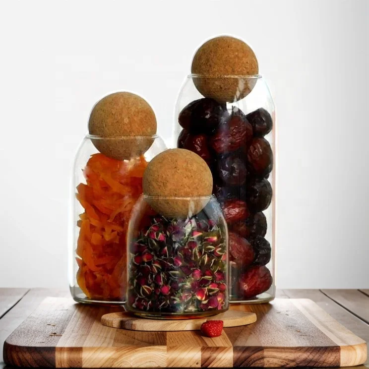 Storage Food Jars with Wood Lid Cork Ball Stopper Handmade Borosilicate Glass Container Jar
