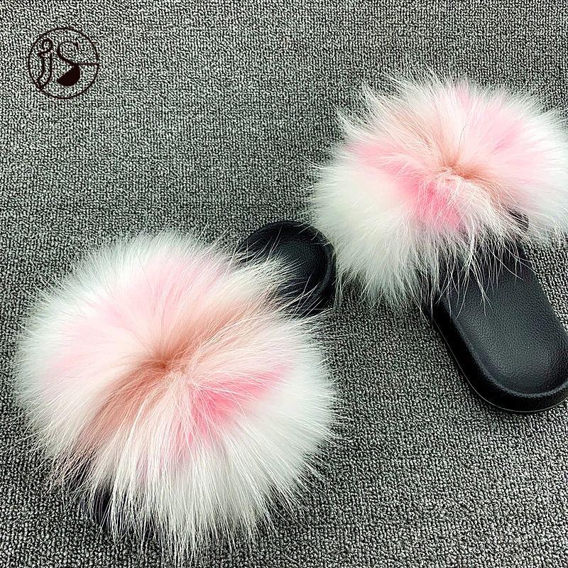 

New fashion genuine ladies slippers Real raccoon fur slippers with long fluffy Soft and comfortable slidess women slippers, Picture