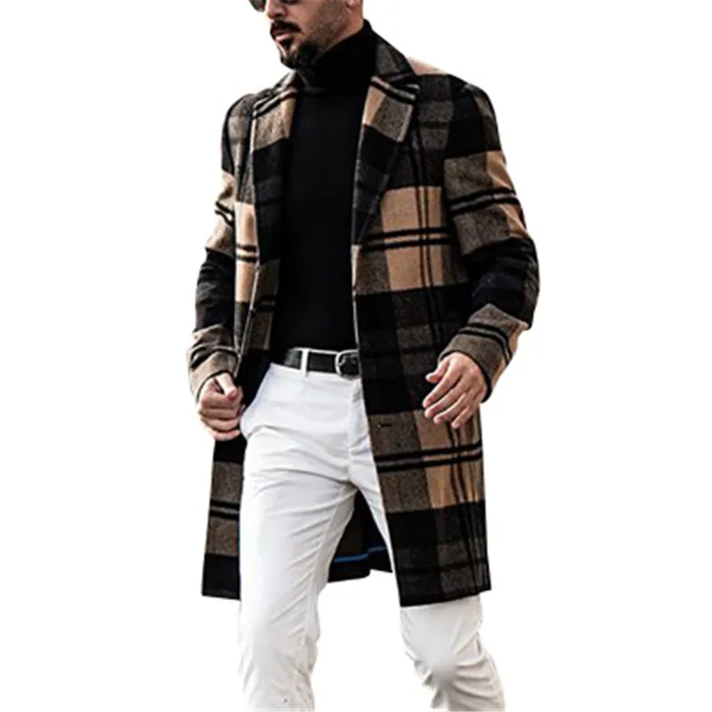 

Fashion Plaid woolen slim mid-length casual coat Business Men's Classic Jacket