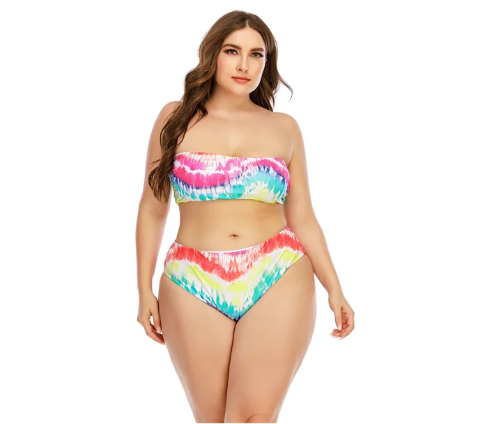 

Plus Size Women Sexy Bikinis Strapless Middle Waist Colorful Swimwear Printing 2pcs