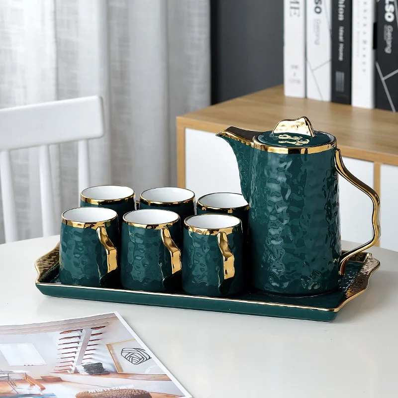 

Fancy Nordic Drinkware Tea Coffee Mug Set Green Modern Luxury Afternoon Ceramic Tea Set With Tea Pot And Tray